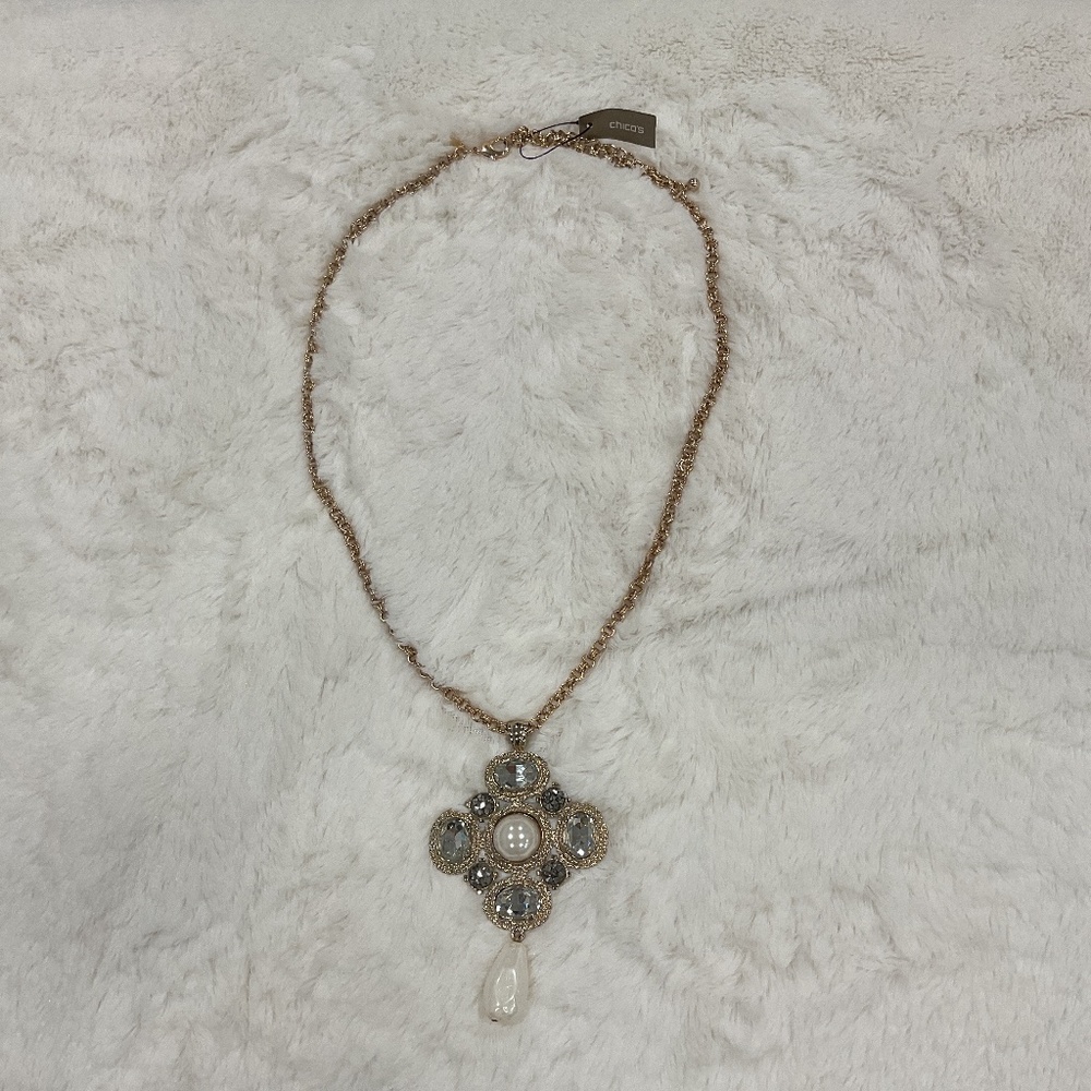 Chico’s Gold Faux Pearl and Crystal Pendant Necklace